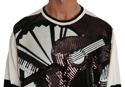 Dolce & Gabbana White Jazz Sequined Guitar Pullover Top Sweater